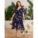 Woman's Plus Size Surplice Front Floral Print Overlay Dress