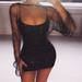 Jocestyle Crystal Diamond Bodycon Dress Women Hollow Out Fishnet Mesh Mini Dress (L)