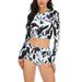 Avamo Women Long Sleeve Two Piece Swimwear Set Padded Swimsuit Floral Tops w/ Swim Shorts , Ladies Surfing Tankini Bikini Suit Beachwear Swimming Costumes Bathing Suit Wet Suit Rash Guard S-XXL