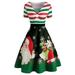 Women Christmas Vintage Retro Dress, V Neck Stripe Cute Printed Patchwork Swing Cocktail Party Dress