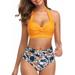 Wuyemeili Women's Vintage Swimsuit Two Piece Retro Halter Neck Ruched High Waist Bikini Set