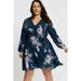 Women's Plus Size V-neck Printed Long Sleeve Lace-up Bow Swing Dress