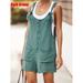 Women Summer Plain Sleeveless Round Neck Pockets Short Pants Jumpsuits Playsuits