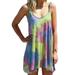 Womens Mini Dresses Tank Crew Neck Tie Dye Beach Dress Pleated Swing Slip Dress