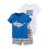 Carters Infant Boys Plaid & Blue Whales Baby Outfits Bodysuit Shirt & Shorts