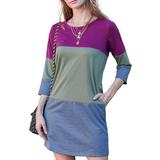 Doublju Women's 3/4 Sleeve Color Block French Terry Mini Dress with Side Hand Pocket