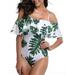 Women's One Piece Swimsuit Vintage Off Shoulder Flounce Ruffle Bathing Suits Green Leaf Pattern Ruffled Swimsuit, Off Shoulder Design and Smooth Durable Fabric L