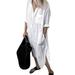 Sexy Dance Womens Linen-Cotton T Shirt Dress Long Sleeve Plain Tunic Dress Button Down Maxi Dress For Lady Vintage Swing Dress Side Slit Pockets Plus Size