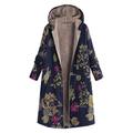 Alloet Flower Women Long Coat Zipper Fleece Ethnic Hooded Jacket