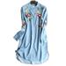 Jocestyle Denim Floral Embroidery Long Sleeve Female Button Dresses (Light Blue L)