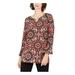 NY COLLECTION Womens Red Floral Long Sleeve Keyhole Blouse Evening Top Size PXL