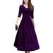 HIMONE Womenâ€™s Retro Velvet Maxi Dress V Neck 3/4 Sleeve Pleated Elegant Evening Party Formal Dresses Cocktail Party Empire Waist Plain Dress