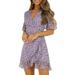 Loliuicca Women Purple Floral Wrap Dress V-Neck Flare Sleeve Boho Mini Dress