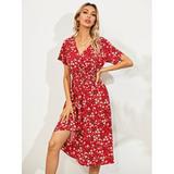 Women's Summer Dress Short Sleeve Boho Floral Print Casual Dress V Neck Dress Middle Waist Dress