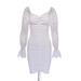 Listenwind Women V-neck Dress Sheer Embroidery Floral Puff Sleeves Ruched Drawstring Pencil Mini Dress Clubwear