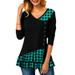 Women Casual Plaid V-Neck T-Shirt Color Stitching Button Decor Pullover Blouses