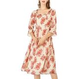 Allegra K Women's Vintage Half Sleeve Dress Floral Print U Neck Ruffle Dresses