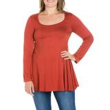 24seven Comfort Apparel Women's Plus Size Red Floral Long Sleeve Scoop Neck Swing Top