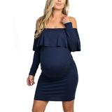 Women's Pregnant Maternity Dress Off Shoulder Ruffle Long Sleeve Bodycon Dresses for Baby Shower Party Pencil Midi Dress