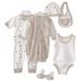 8PCS Newborn Infants Baby Girls Boys Cotton Striped Long Sleeve Jumper + Hats + Socks + Bib Outfits Summer Autumn Clothes 0-3M