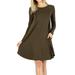 Women Long Sleeve Round Neck A-Line Pleated Knee Length Tunic Dress with Side Pockets (DK Olive, L)