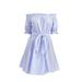 Women Half Sleeve Long Midi Dress Blue Striped Beach Dress with Belt for Women Summer Off Shoulder Dress