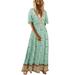 Women's Bohemian Long Maxi Dress Floral Printed V-Neck Short Sleeve Beach Party Boho Dress Beach Sundress