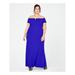 CALVIN KLEIN Womens Blue Split-v Short Sleeve Off Shoulder Maxi Shift Evening Dress Size 14W