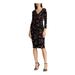 RALPH LAUREN Womens Black Floral 3/4 Sleeve V Neck Above The Knee Sheath Party Dress Size 4