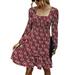 Meihuida Women Floral Dress Boho Long Sleeve Autumn Square Neck Casual Dress