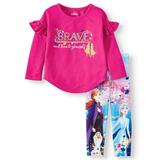 Disney Frozen 2 Girls Anna Elsa Toddler Girl Ruffle Sleeve Top & Leggings Outfit Set, 2-Piece