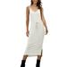 Womens Spaghetti Strap Midi Dress Summer Casual Solid Color Sling Dress V Neck Beach Holiday Party Dresses Sundress