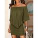 summer oblique collar leaking shoulder bat sleeve stitching fake two-piece dress skirt new 6 colors 4 yards ArmyGreen S