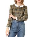 Women's Peter Pan Collar Puff Sleeve Contrast Plaid Shirt Blouse