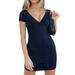 Womens Plain V Neck Ribbed Short Sleeve Sundress Stretch Bodycon Slim Dress