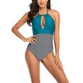 Colisha V Neck Monokini Swimsuits,Womens One Piece Halter Swimwear Beachwear Hollow Front Color Contrasted Bathing Suits Padded
