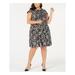JESSICA HOWARD Womens Black Puff Floral Print Short Sleeve Jewel Neck Above The Knee Fit + Flare Dress Plus Size: 14W