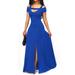 Women Cold Shoulder Long Dress Middle Split Short Sleeves Flare Maxi Dress for Party New