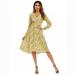 Women Long Sleeve V Neck Dress Print Middle-Long Swing Party Wedding Beach Queue Dress, Yellow M Size