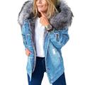 Stylish Parka Retro Plush Collar Denim Jackets Fashion Fleece Lined Warm Mid-Length Ripped Coat Women New