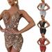 Women's Sexy V Neck Straps Backless Bodycon Sequin Dress Irregular Sexy Sequin Dress European and American Sexy V-Neck Sequined Dress (S/M/L/XL)