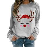 MAWCLOS Women Long Sleeve Crew Neck Christmas Tops Reindeer Print Fleece Pullover Tops Lady Girl Autumn Winter Gray Plus Size Sweatshirts