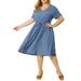 Agnes Orinda Women's Plus Size Denim V Neck A Line Short Sleeve Drawstring Dress