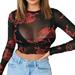 ZIYIXIN Fashion Women Summer T-Shirt Dragon Print Round Neck Long Sleeve Mesh Crop Tops Black