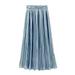 Women Stretch Metallic Luster High Waist Plain Pleated Flared Gold Sequined Skirts Vintage Long Skirt