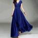 Women V Neck Long Dress Short Sleeves Chiffon Middle Waist Ruffled Slim Fit Female Dress New