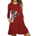 Womens Ladies Long Sleeve Print V-Neck Casual Loose Swing Crew Neck Short Dress