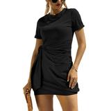 Womenâ€™s Short Sleeve Summer Mini Dress Casual Crew Neck Ruched Bodycon Short Mini Dress T Shirt Dresses