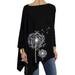 Women Crew Neck Tunic Top Autumn Asymmetrical T-Shirts Dandelion Print Pullover Oversized Tops Solid Color Elastic Cuff Blouse Long Tee Shirts for Ladies Juniors