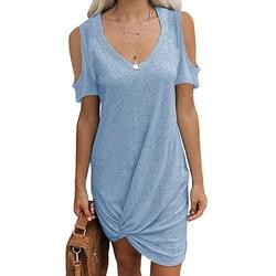 Bseka Womens Casual Round Neck Off Shoulder Short Sleeve Round Neck T Shirt Dresses Twist Front Knot Tunic Dress for Women